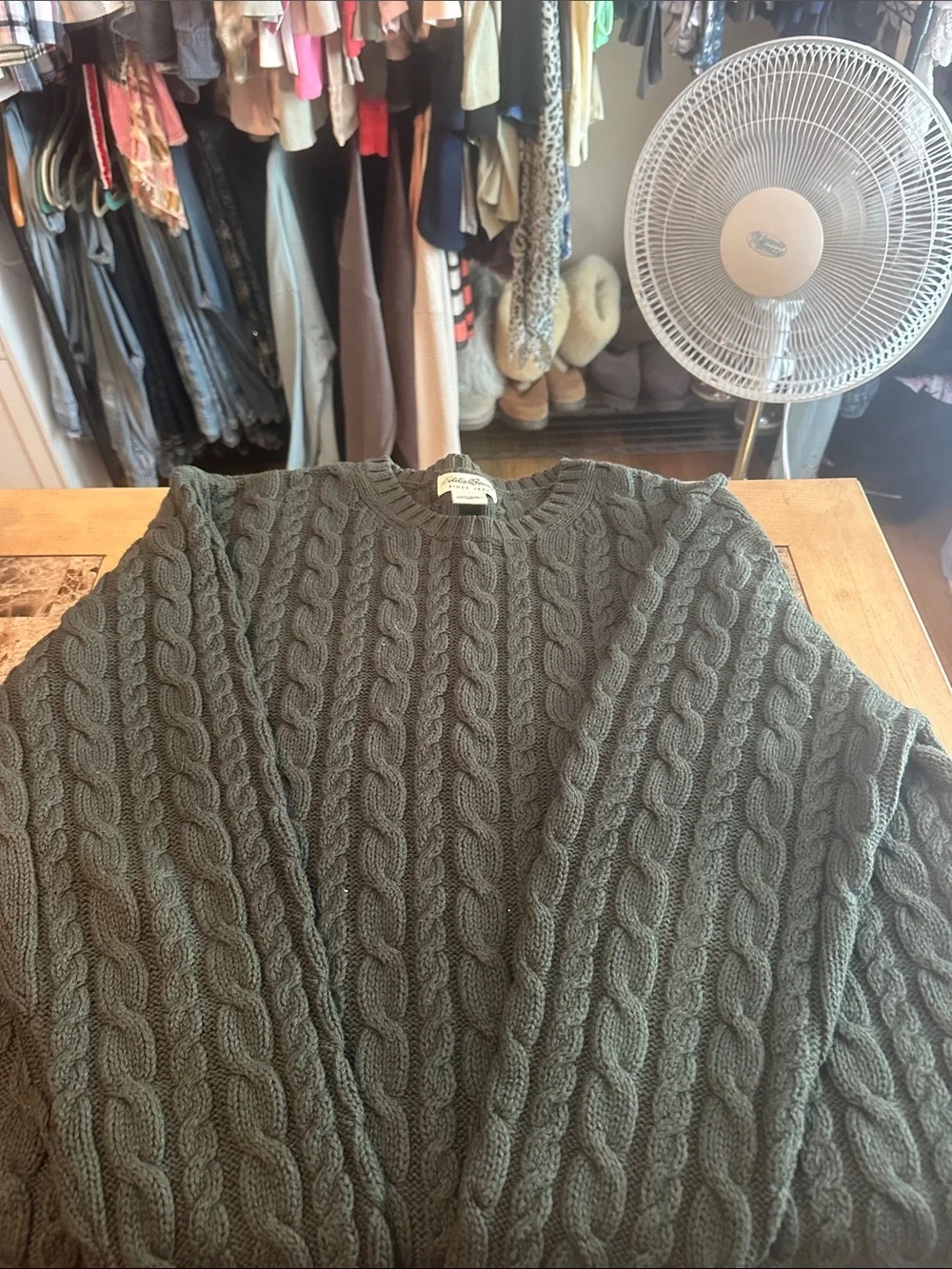 Eddie Bauer Olive Green Cable Knit Crewneck Sweater